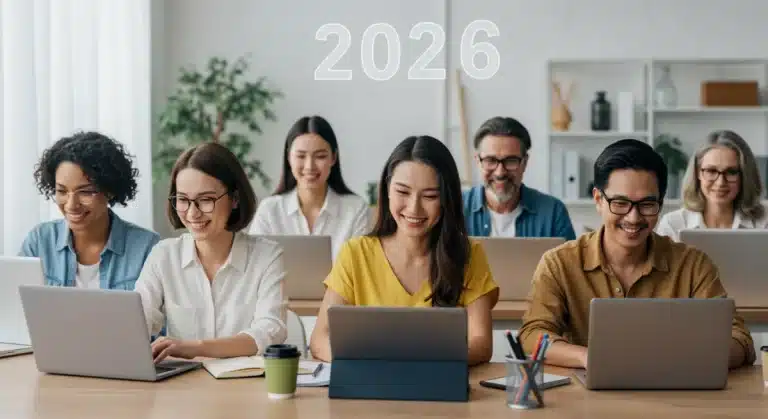 Adult learners engaging with accredited online learning platforms on laptops and tablets in a modern setting.