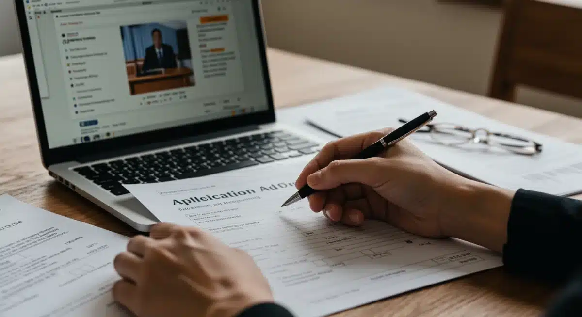 Person filling out government assistance application form with pen and laptop.