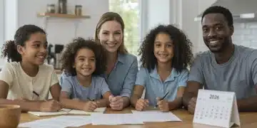 Federal Benefit Programs 2026: Your Guide to $500 Monthly Family at kitchen table with financial documents, symbolizing federal benefit programs for 2026.