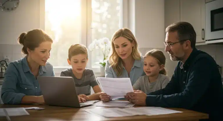 Family reviewing 2026 federal tax code updates on a laptop at home