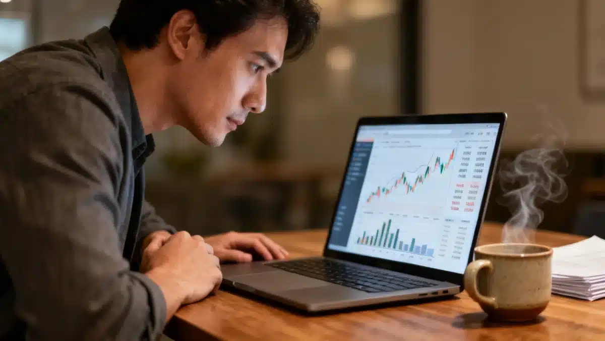 Individual analyzing financial data on a laptop, focusing on investment performance and future planning.