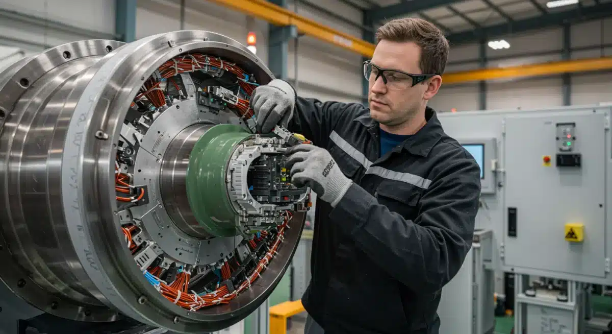 Renewable energy technician working on wind turbine components