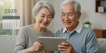 Smiling retired couple reviewing Social Security COLA 2026 projections on a tablet