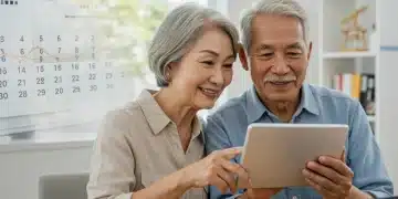 Senior couple reviewing financial documents on a tablet, symbolizing 2026 Social Security COLA planning.
