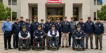 Veterans gather outside a government building, representing unity and support for their benefits.