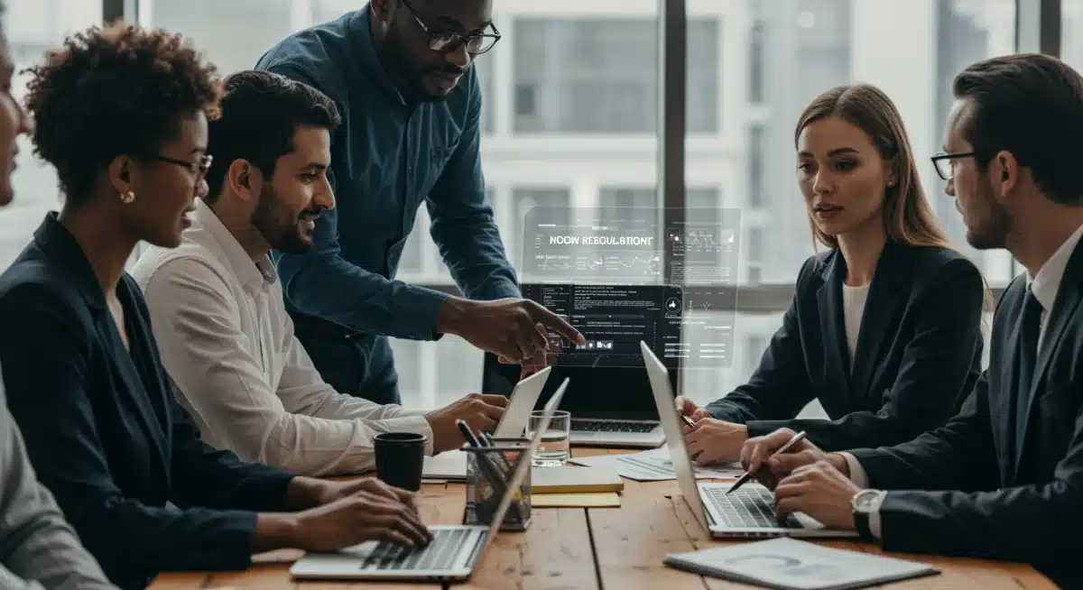 Business team reviewing and discussing new consumer protection regulations