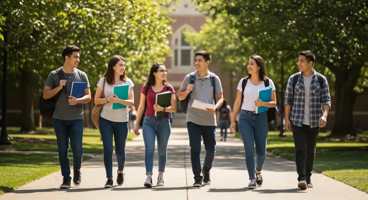 Diverse college students walking on campus after receiving financial aid
