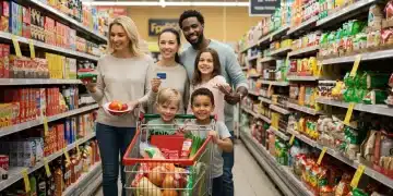 Maximize Your SNAP Benefits 2026: A Comprehensive Guide to New Policy Changes Family using EBT card for groceries in a supermarket, representing SNAP benefits.