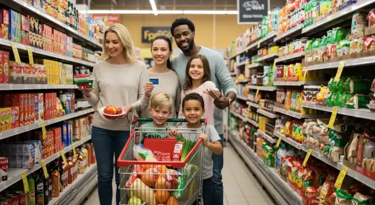 Family using EBT card for groceries in a supermarket, representing SNAP benefits.