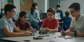 Diverse students collaborating on a robotics STEM project in a modern classroom with advanced technology.