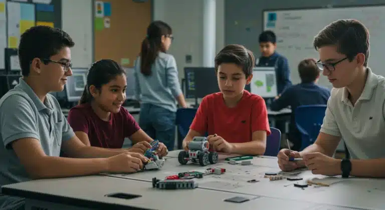 Diverse students collaborating on a robotics STEM project in a modern classroom with advanced technology.
