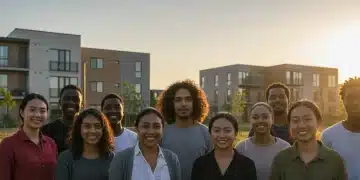People smiling in front of new housing development
