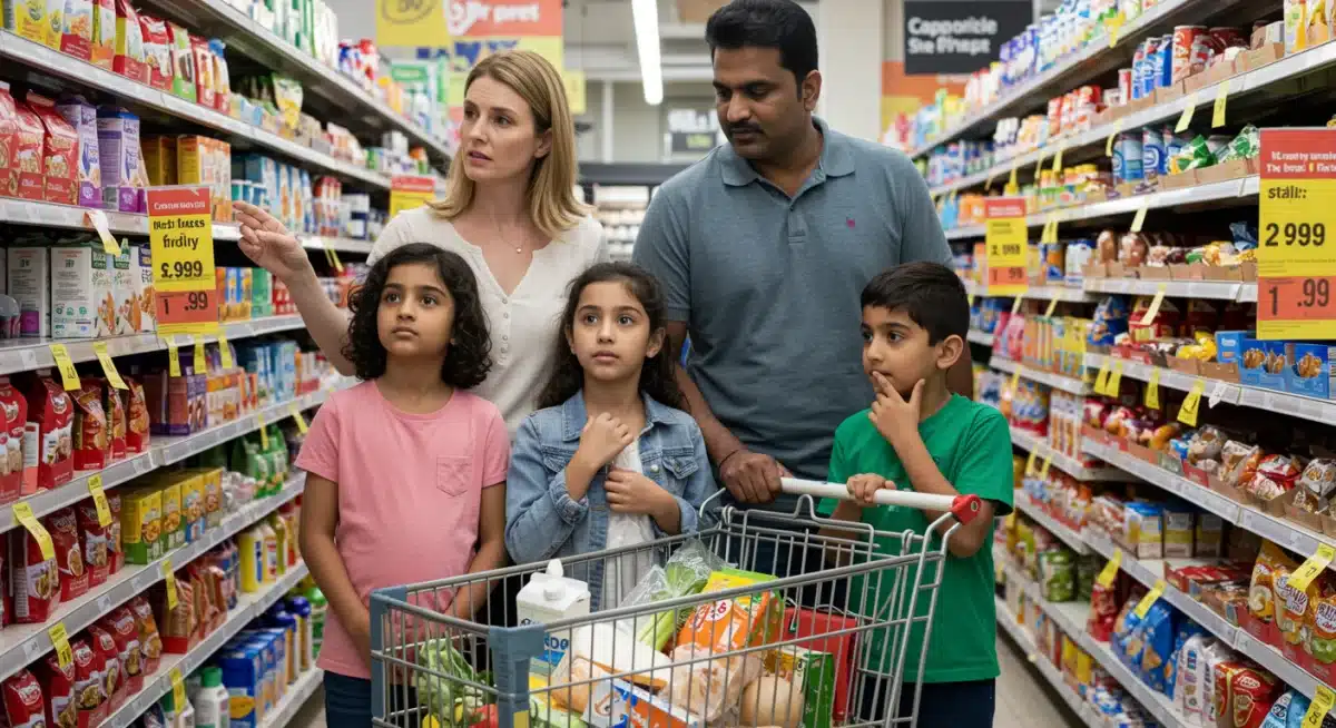 Family observing increased grocery prices, symbolizing the direct impact of inflation on everyday expenses.