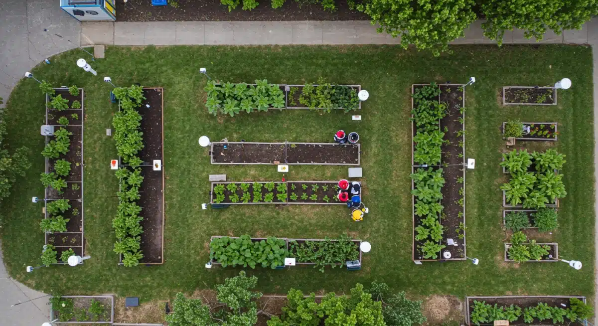 Students collecting data in a smart school garden with sensors, integrating biology and technology.