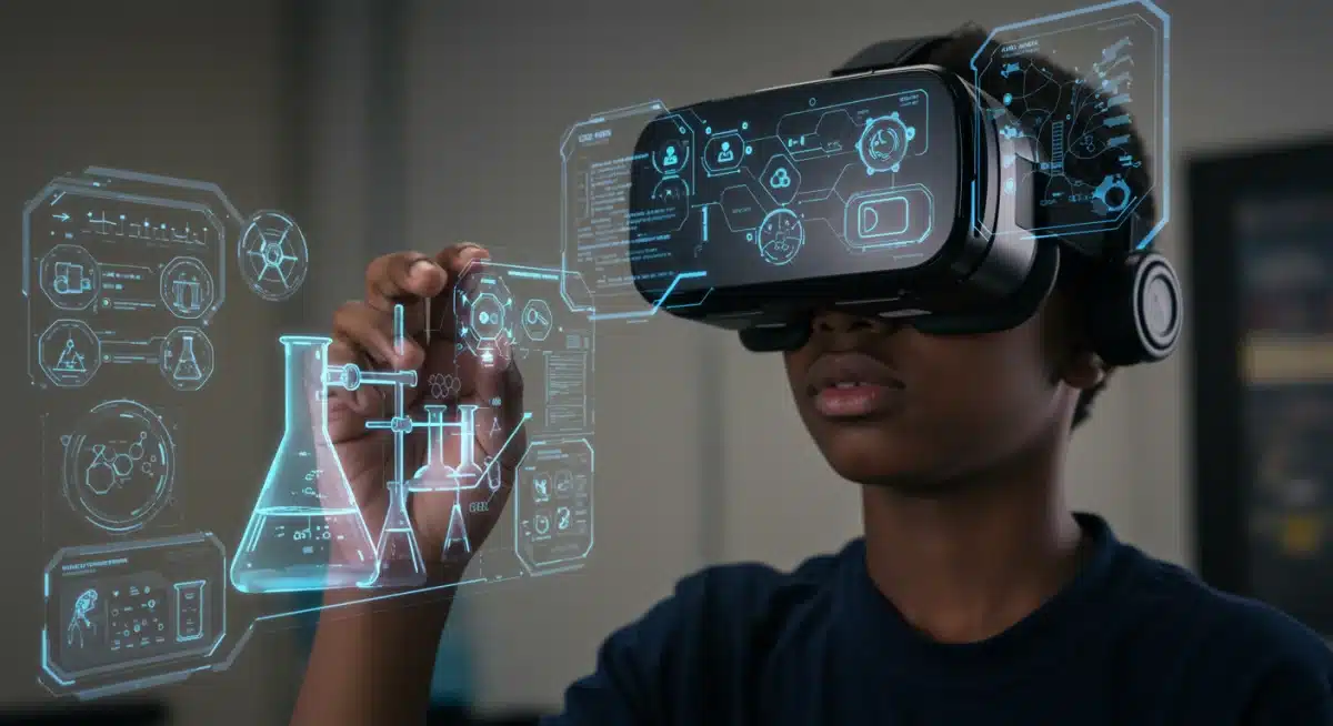 Student engaged in a virtual reality science experiment, showcasing immersive learning.