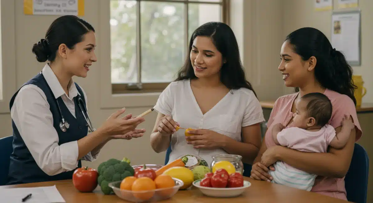 WIC nutritionist providing nutritional counseling to a pregnant woman and mother