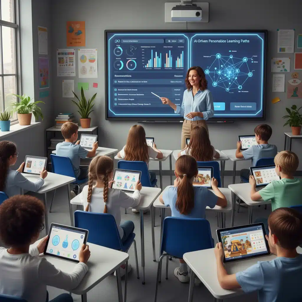 Teacher utilizing AI-powered adaptive learning platform for personalized K-12 instruction.