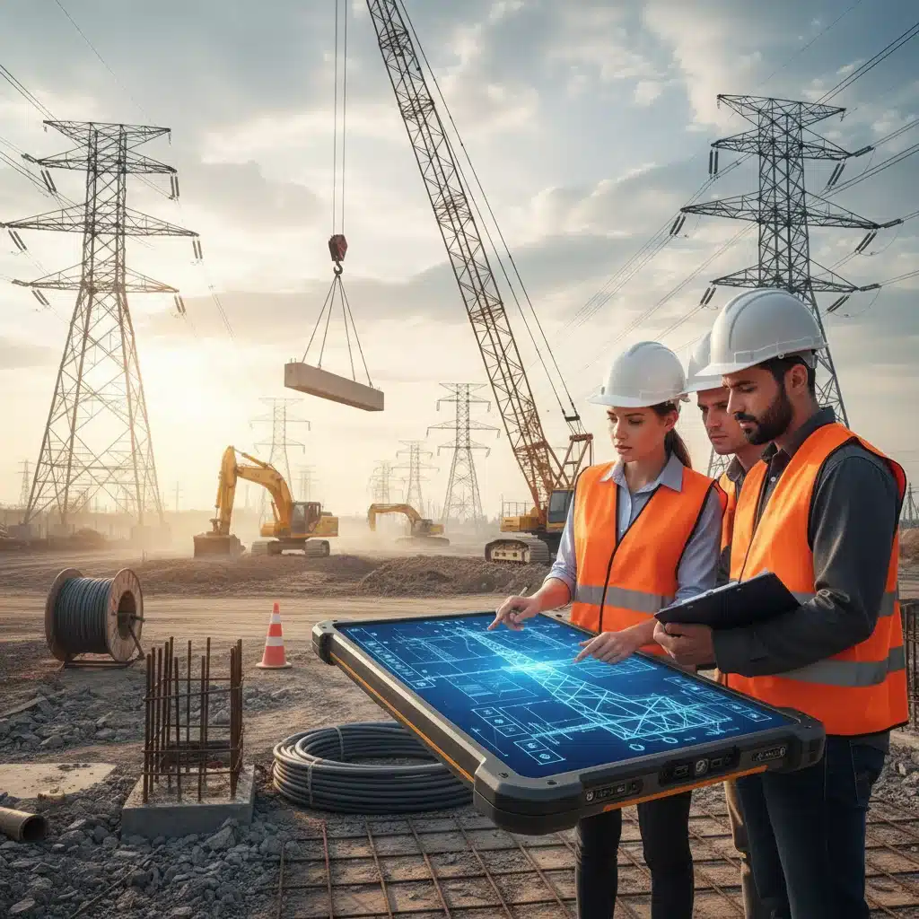 Engineers planning new high-voltage transmission line construction, symbolizing meticulous infrastructure development.