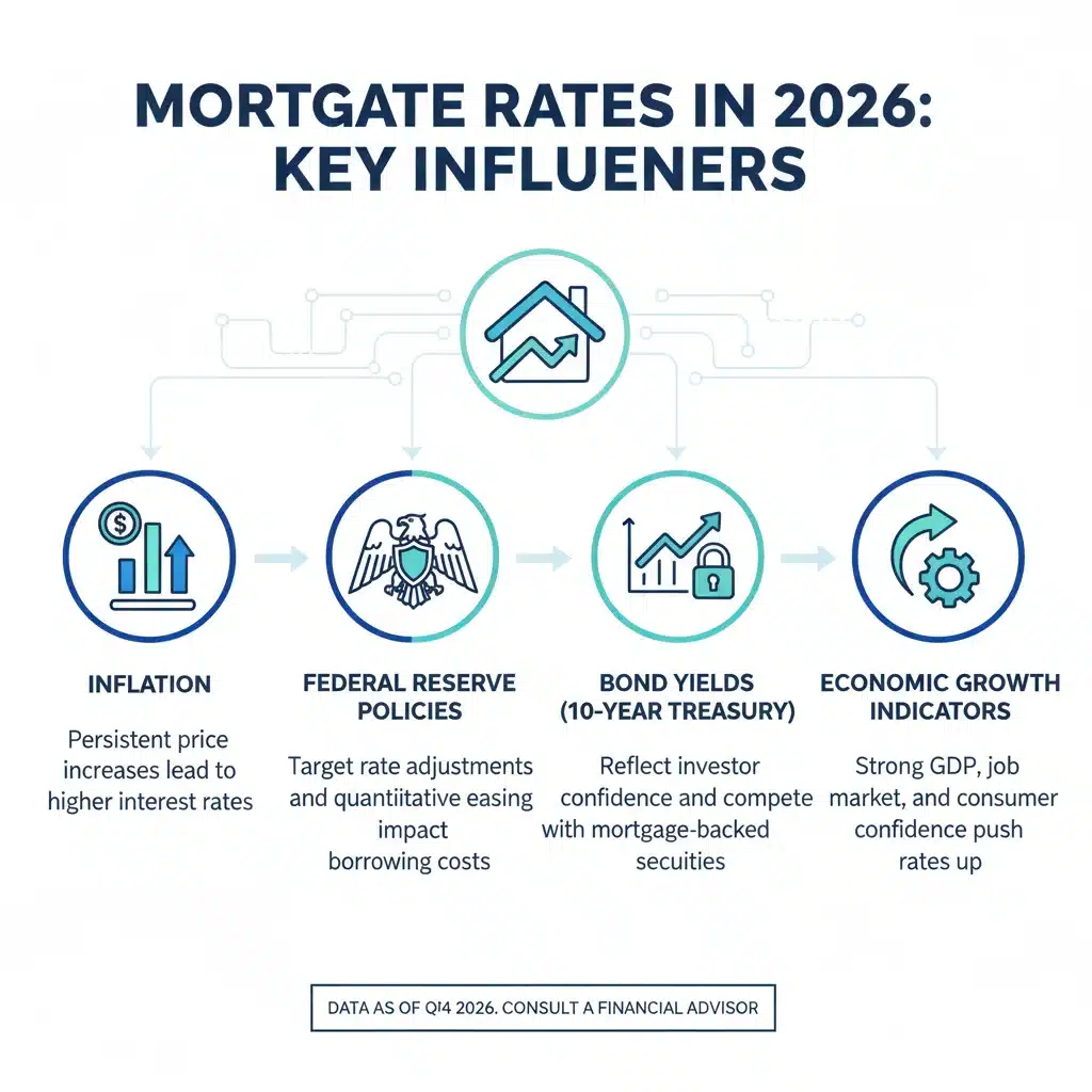 Infographic illustrating factors influencing mortgage rates in 2026.