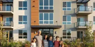 Smiling family in front of modern affordable housing complex