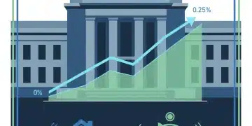 Federal Reserve building with upward interest rate graph affecting a house and piggy bank, illustrating mortgage and savings impact.