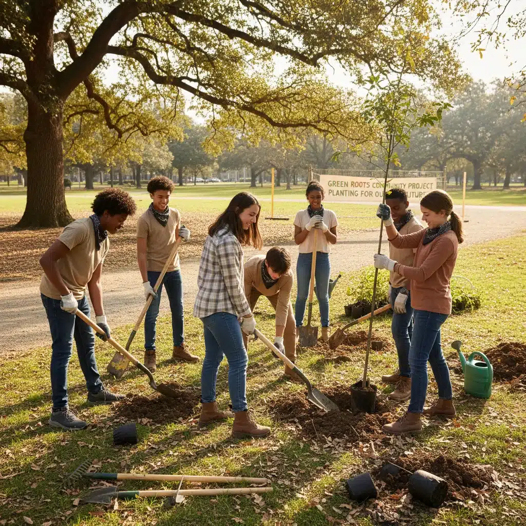 High school students engaged in community service, planting trees in a local park.