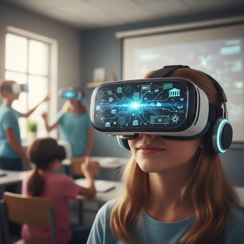 Student experiencing immersive virtual reality learning in a classroom setting.