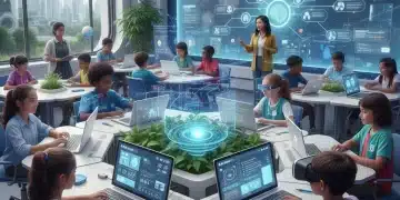 K-12 students engaging with personalized learning technology and AI in a modern classroom.