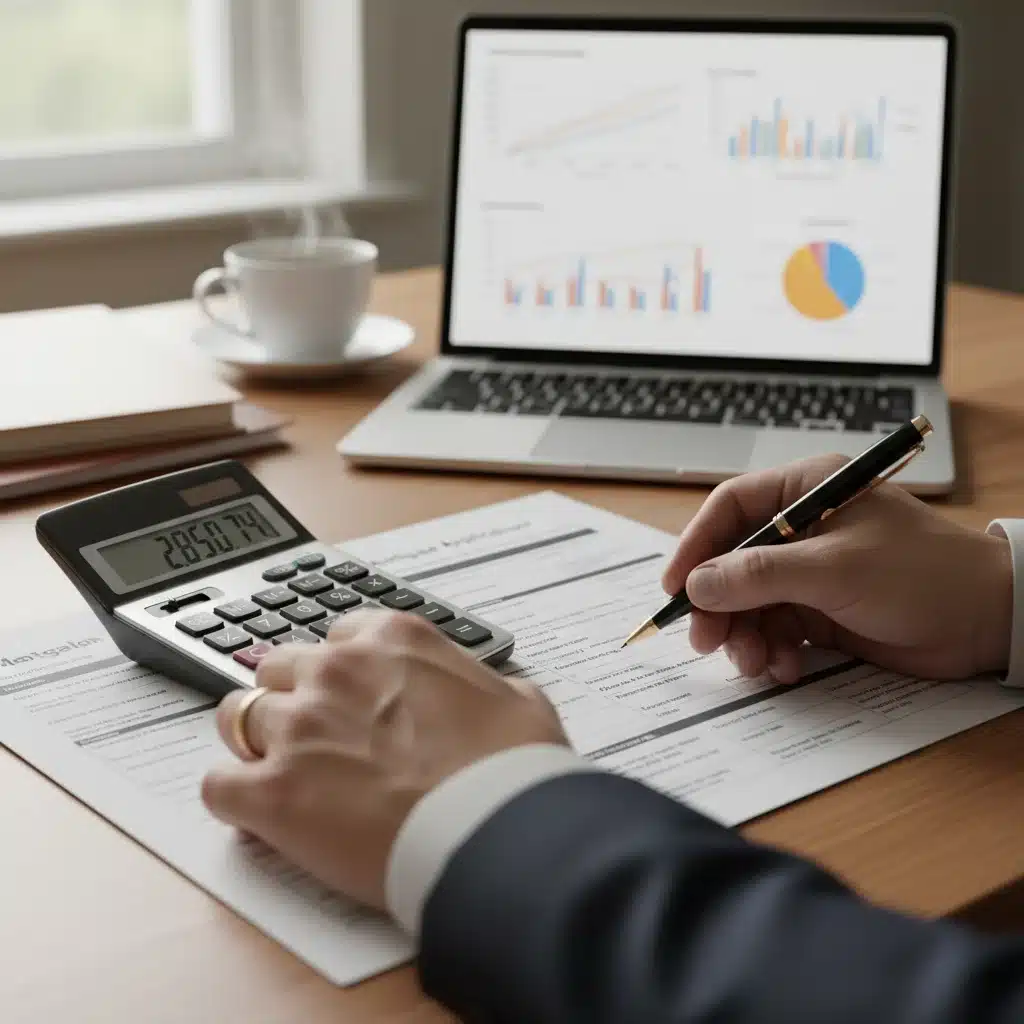 Hands using a calculator and pen on a mortgage application with financial charts.