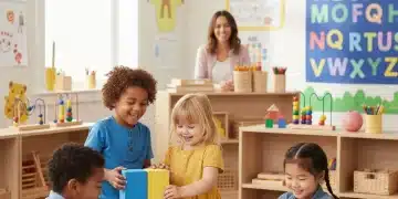 Diverse 4-year-olds learning happily in a modern preschool classroom