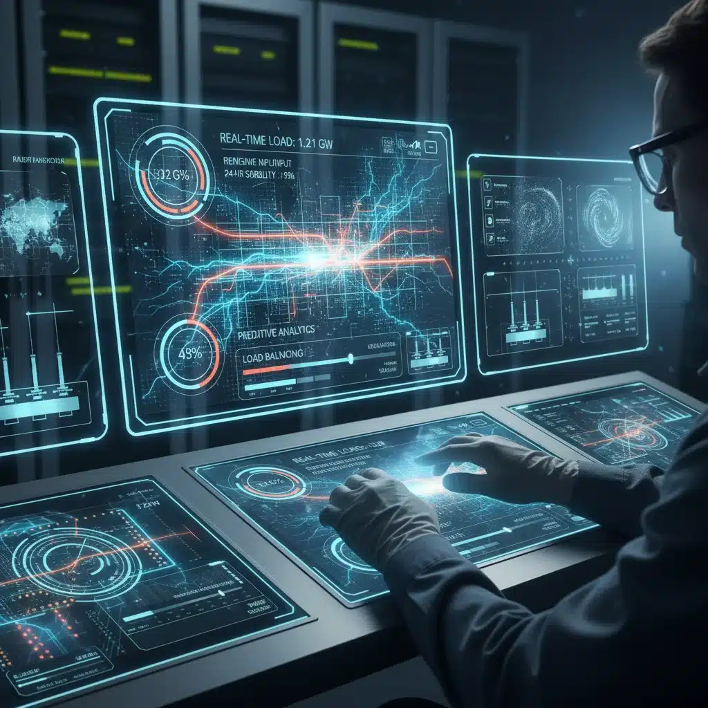 Smart grid technology displaying real-time energy flow and predictive analytics for enhanced grid management.