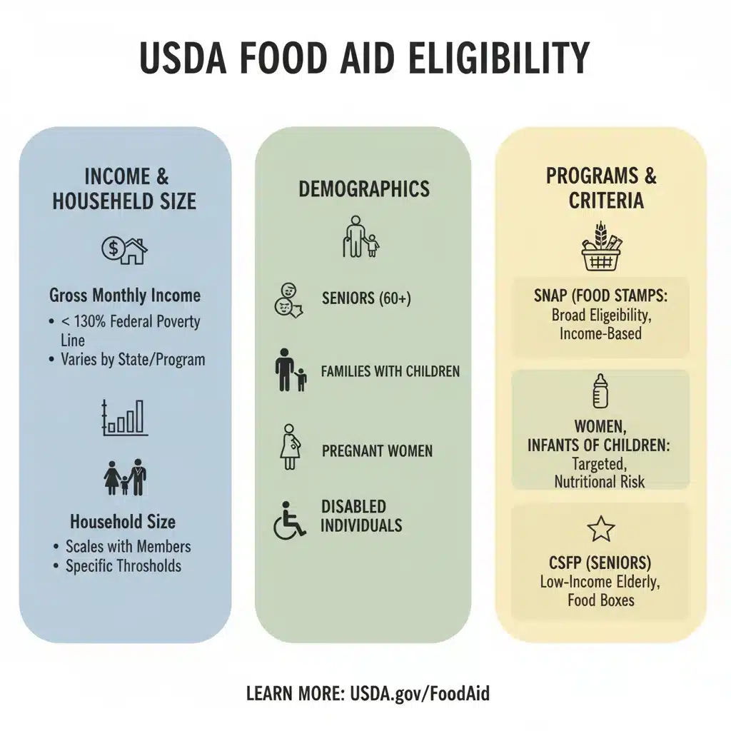 Infographic detailing eligibility criteria for USDA food aid programs, including income and household size.