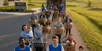 Diverse families receiving USDA food aid packages in a community setting, symbolizing support and nutrition.