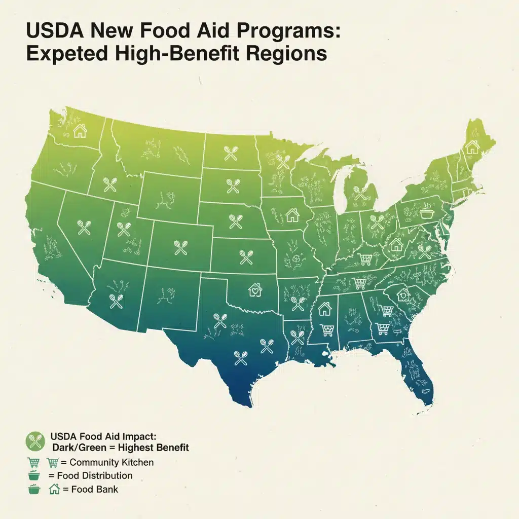 Map of the US showing areas most impacted by USDA food aid programs, with food distribution point markers.