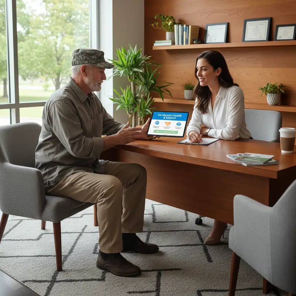 Veteran discussing mental health services with a VA counselor, emphasizing personalized care.