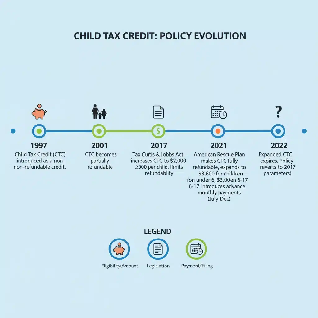 Infographic displaying a timeline of Child Tax Credit policy changes and key dates.