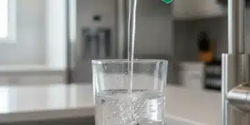Clear water flowing from a kitchen faucet into a glass, symbolizing clean household water under new EPA regulations.