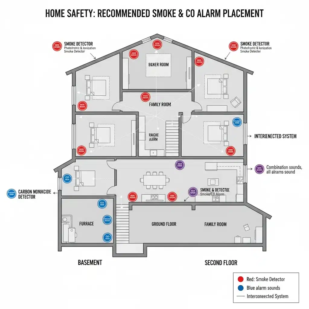 Diagram showing optimal placement of smoke and carbon monoxide detectors in a home