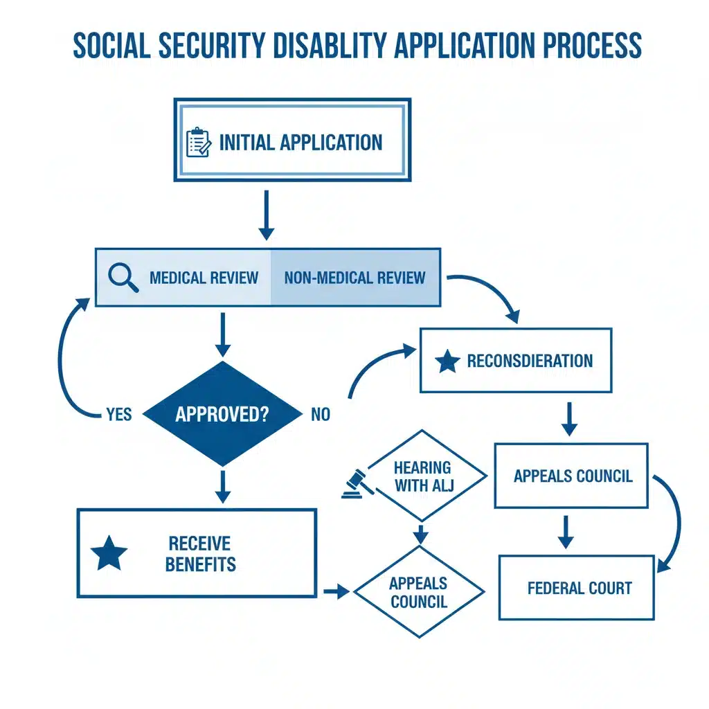 Flowchart depicting the Social Security Disability application and review process