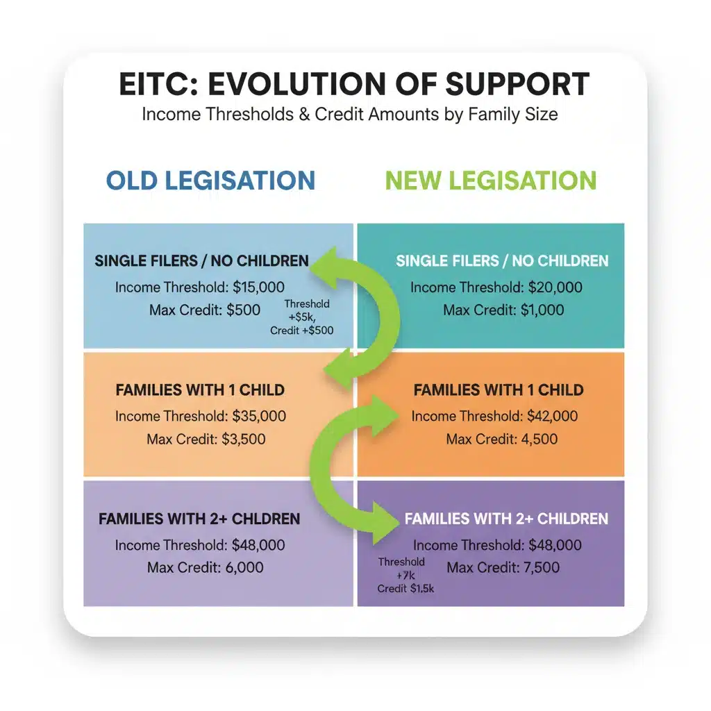 Infographic showing EITC income threshold and credit amount changes for 2026