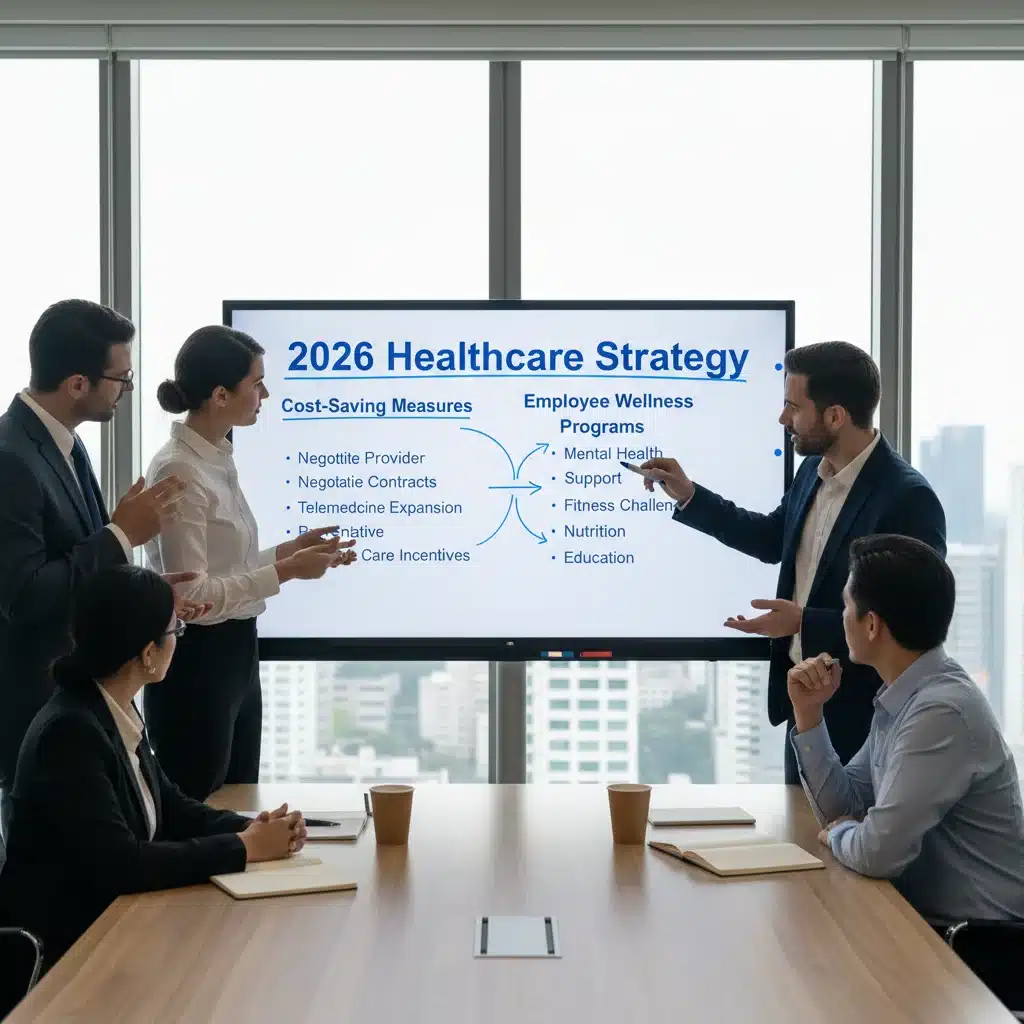 Business team strategizing for 2026 employer healthcare costs and employee benefits