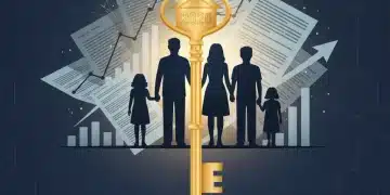Family silhouette with financial documents and a golden key, representing secure estate planning for 2026.