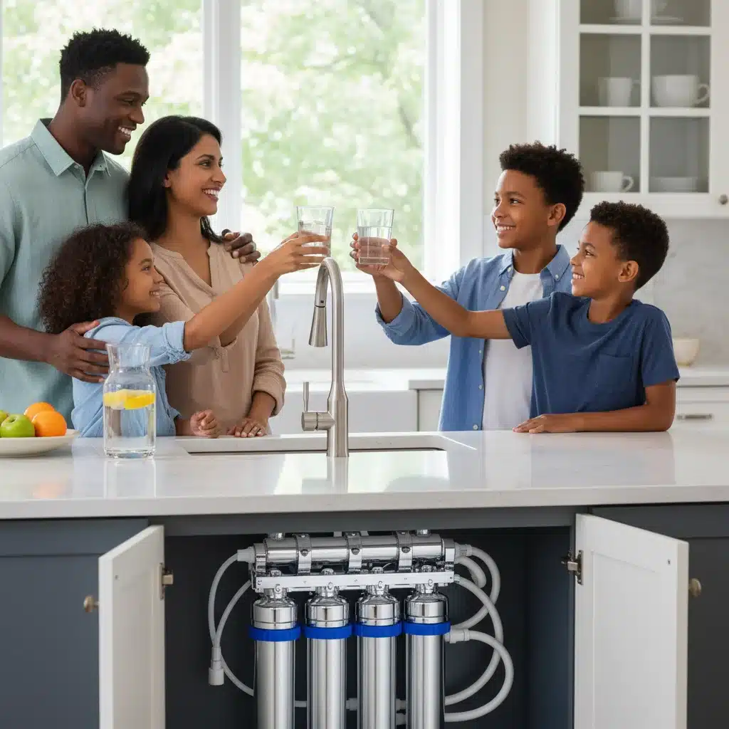 Happy family drinking clean water from glasses in a kitchen with a water filtration system.