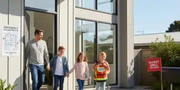Family practicing fire escape plan from their home