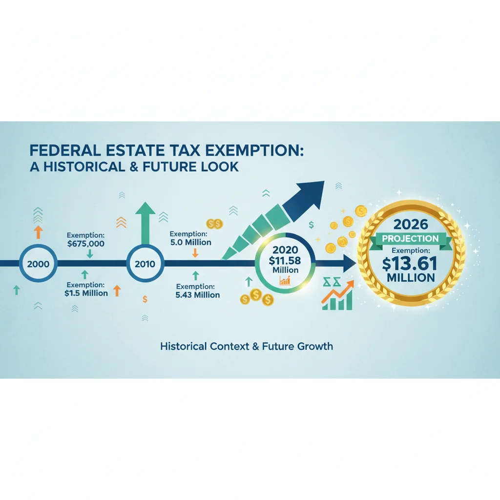 Infographic displaying the historical timeline and projected federal estate tax exemption amounts, emphasizing the 2026 increase.