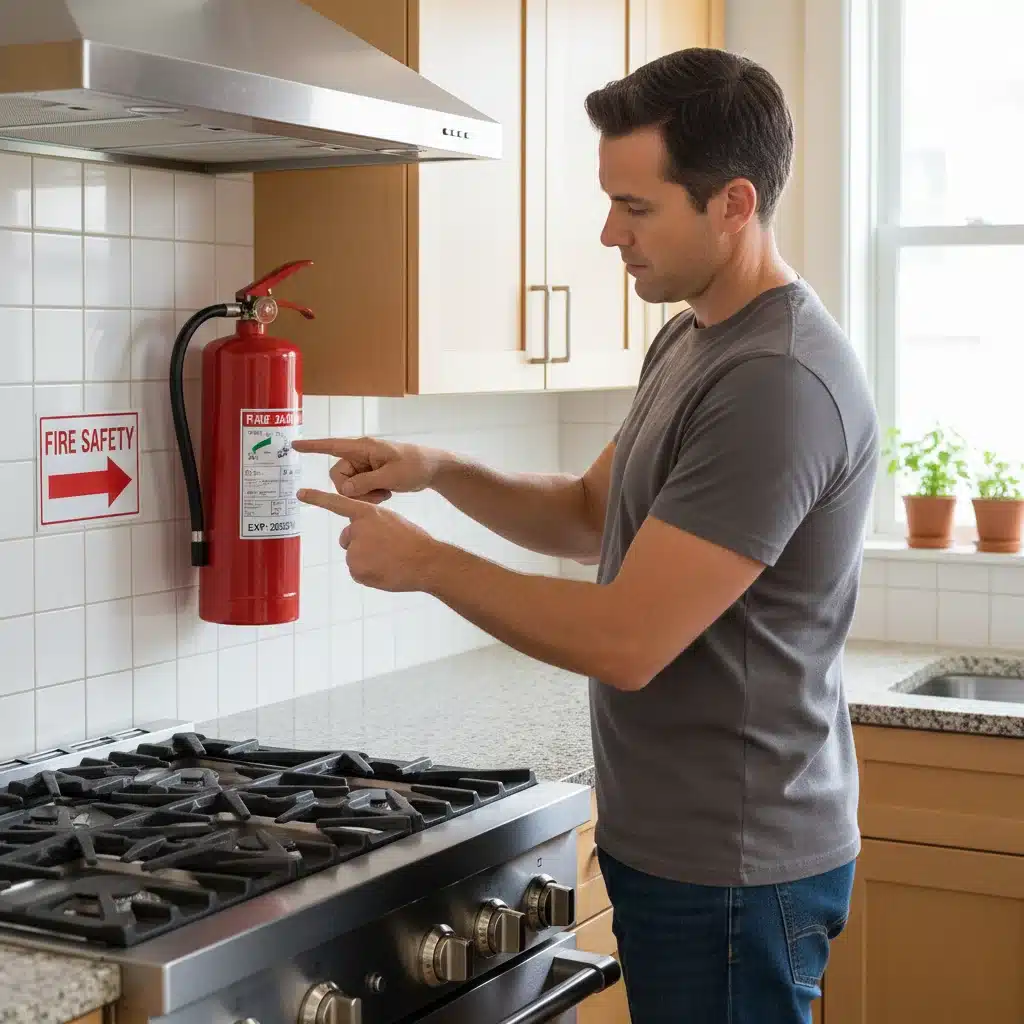 Homeowner inspecting a fire extinguisher in their kitchen