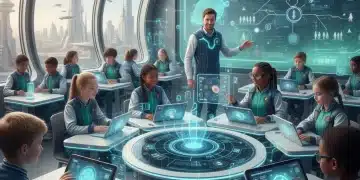 Students using advanced educational software in a futuristic classroom setting.