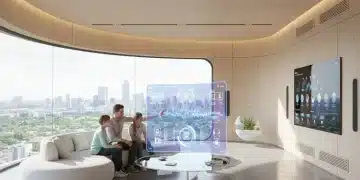 Futuristic smart home living room with integrated devices and holographic controls.