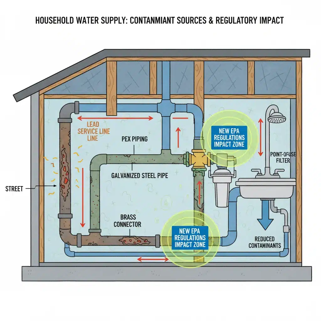 Diagram of household water pipes showing potential contamination points and regulatory impact.