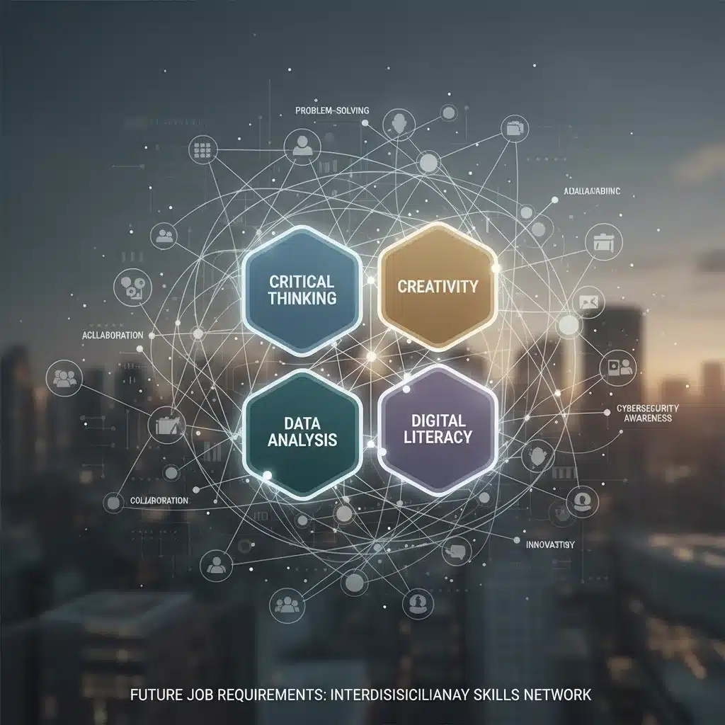 Interconnected skills for future workforce, emphasizing critical thinking and digital literacy